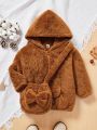 Toddler Girls' Teddy Hoodie With Kangaroo Pocket, Half Zipper Closure, And Matching Bag