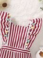 SHEIN Kids SUNSHNE Toddler Girls' Striped Romper With Ruffled Shoulder And Pom Pom Decoration