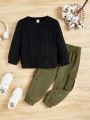 SHEIN Boy'S Round Neck Long Sleeve T-Shirt And Overalls Two-Piece Set