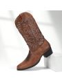 Embroidered Men's Mid-calf Western Boots With High Heels