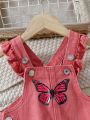 Baby Girls' Denim Overalls With Butterfly Printed Decoration And Ruffled Hem