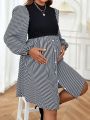 SHEIN Maternity Striped Print Puff Sleeve 2 In 1 Dress