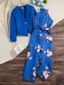 SHEIN Tween Girl Lapel Collar Blazer & Floral Print Belted Halter Neck Jumpsuit
