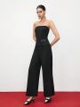 SHEIN BIZwear Women's Strapless Wide-Leg Jumpsuit With Double-Breasted Decoration