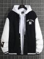 Extended Sizes Men Plus Letter Graphic Two Tone Varsity Jacket Without Hoodie