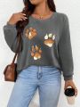 Women's Printed Round Neck Sweatshirt With Dog Paw Pattern