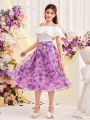 SHEIN Teen Girl's Double Layered Ruffle Trim Off Shoulder Top & Floral Pattern Organdy Skirt Set