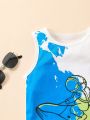 Little Boys' Cartoon Print Sleeveless T-Shirt And Denim Shorts Two-Piece Set