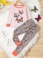 Girl'S Butterfly Print Long Sleeve Pants Tight Pajamas Set