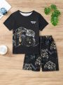 SHEIN Kids Nujoom Tween Boys' Cool Printed Short Sleeve T-Shirt And Shorts Pajama Set, Comfortable To Wear, Can Be Worn Outdoors, 2pcs/Set