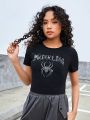 Teen Girls' Knitted Rhinestone Spider And Letter Pattern Short Sleeve T-Shirt