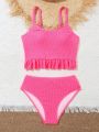 Teen Girls' Solid Color Ruched Fabric Halter Neck Bikini Set