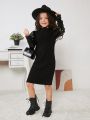 SHEIN Kids Cooltwn Tween Girl Contrast Sequin Gigot Sleeve Mock Neck Dress