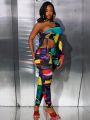 SHEIN Slayr Women's One Shoulder Printed Cutout Waist Tight Jumpsuit