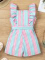 Toddler Girls' Striped Ruffle Edge Belted Jumpsuit Shorts