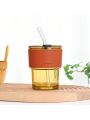 1pc Amber Colored Glass Drinking Cup With Bamboo Handle And Straw, Retro Style