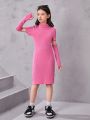 SHEIN Kids Y2Kool Big Girls' Daily Sweet & Cool Solid Color Knit Short Sleeve Dress With Arm Warmer