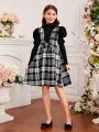 SHEIN Tween Girls' Knit Solid Color High Neck Leg-Of-Mutton Sleeve Sweater With Plaid 2 In 1 Dress