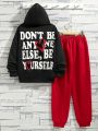 SHEIN Kids EVRYDAY Boys' Casual Hoodie With Letter Badge & Knitted Pants, 2pcs/set