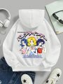 Teen Girls' Casual Hooded Sweatshirt With Cartoon Characters & Letter Print, Long Sleeve, Suitable For Autumn And Winter