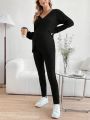 SHEIN Maternity Crossover Striped Long Sleeve T-Shirt And Leggings Set