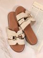 Women's Solid Color Flat Sandals With Metal Buckle Decoration