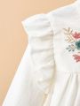 SHEIN Kids EVRYDAY Toddler Girls Floral Embroidery Ruffle Trim Blouse