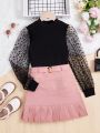 SHEIN Kids FANZEY Girls' Knitted Solid Color Stand Collar Top With Woven Netting Bubble Sleeves And Woven Solid Color Half Skirt Set
