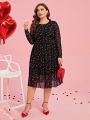 SHEIN Clasi Plus Size Women's Valentine's Day Love Heart Pattern Mesh Overlay Dress