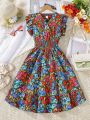 SHEIN Kids SUNSHNE Tween Girl Allover Floral Print Shirred Ruffle Hem Dress