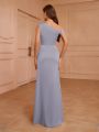 SHEIN Belle Bridesmaid Asymmetrical Dress With Beaded Neckline, Puff Sleeves, Pleated Hem And Slit