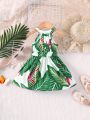 Baby Girl'S Summer Halter Neck Palm Leaf Printed Dress With A Vacation Style