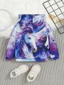 SHEIN Baby Girls' Casual Blue Unicorn Pattern Hooded Long Sleeve Sweatshirt