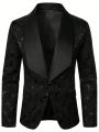 Men Contrast Panel Shawl Collar Jacquard Single Button Blazer