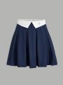 Teenage Girl'S Colorblock Pleated Midi Skirt With Belted Waist