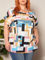 SHEIN CURVE+ Plus Size Women's Geometric Pattern Batwing Sleeve Shirt