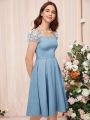 SHEIN Teen Girls' Solid Color Tulle Patchwork Elegant Dress With Embroidery