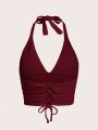 ROMWE Holiday Solid Red Knit Halter Cami Top With Strap