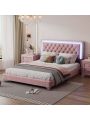 Merax Queen Size Upholstered Bed Frame with LED Lights, Modern Velvet Platform Bed with Crystal Tufted Headboard
