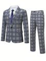 Men 1pc Plaid Single Button Blazer & 1pc Suit Pants
