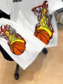 SHEIN Kids SPRTY Tween Boys' Loose Fit Basketball Print Round Neck Short Sleeve T-Shirt And Shorts Set