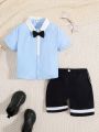 SHEIN Kids Academe Young Boys' Color Blocked Short Sleeve Shirt And Shorts Set From Unified Academy