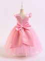 Little Girls' Romantic Pink Tulle Dress With Butterfly Bowknot & Pearl Decor, Ideal For Birthday & Party
