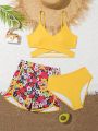 Teen Girl Fashionable Three Piece Separated Bikini Set For Swimming