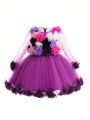 Young Girl Stereo Flower Contrast Mesh Appliques Gown Dress