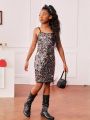 SHEIN Kids Cooltwn Big Girl's Sparkling Street Woven Sequin Suspender Slim Dress