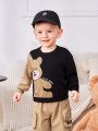 SHEIN Infant Boys' Leisure Cute Bear Pattern Color Block Long Sleeve Round Neck Sweatshirt