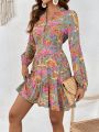 SHEIN VCAY Floral Print Lantern Sleeve Ruffle Hem Dress