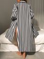 Women's Plus Size Striped Open Front Button Up Long Sleeve Shirt With Split Hem And Pockets