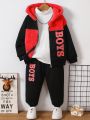 2pcs/set Toddler Boys' Hooded Letter Printed Sweatshirt And Jogger Pants With Patchwork Design